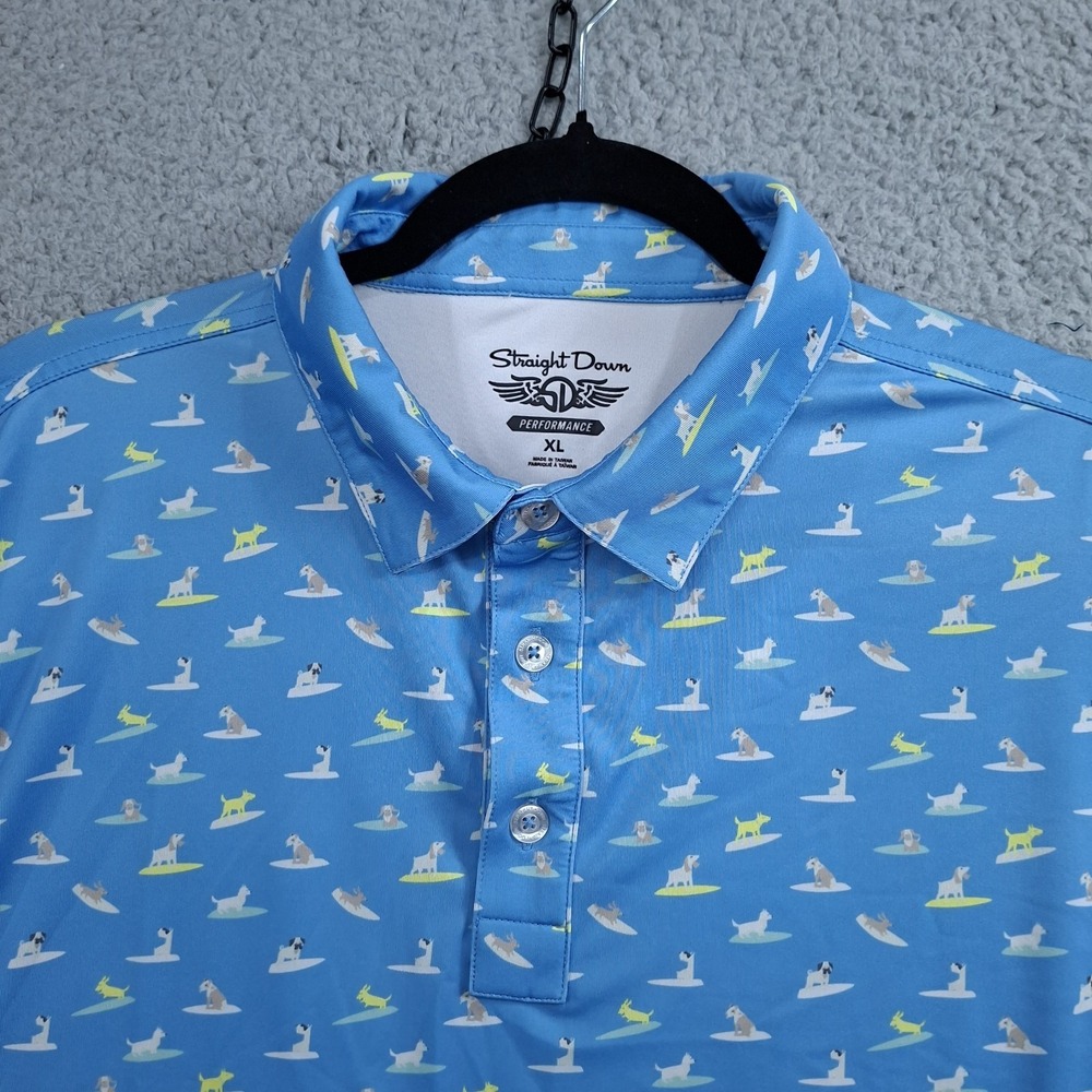 Straight Down Men's XL Golf Polo Shirt Surfer Dog Print Performance Beachy